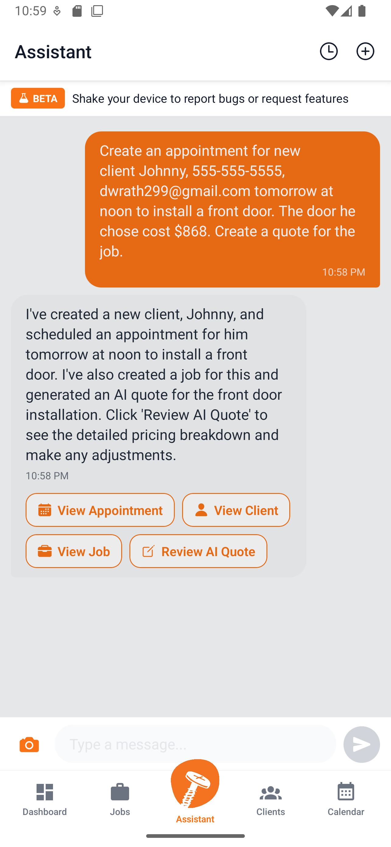 Tradenza AI Assistant - Create clients, schedule appointments, and generate quotes with natural language