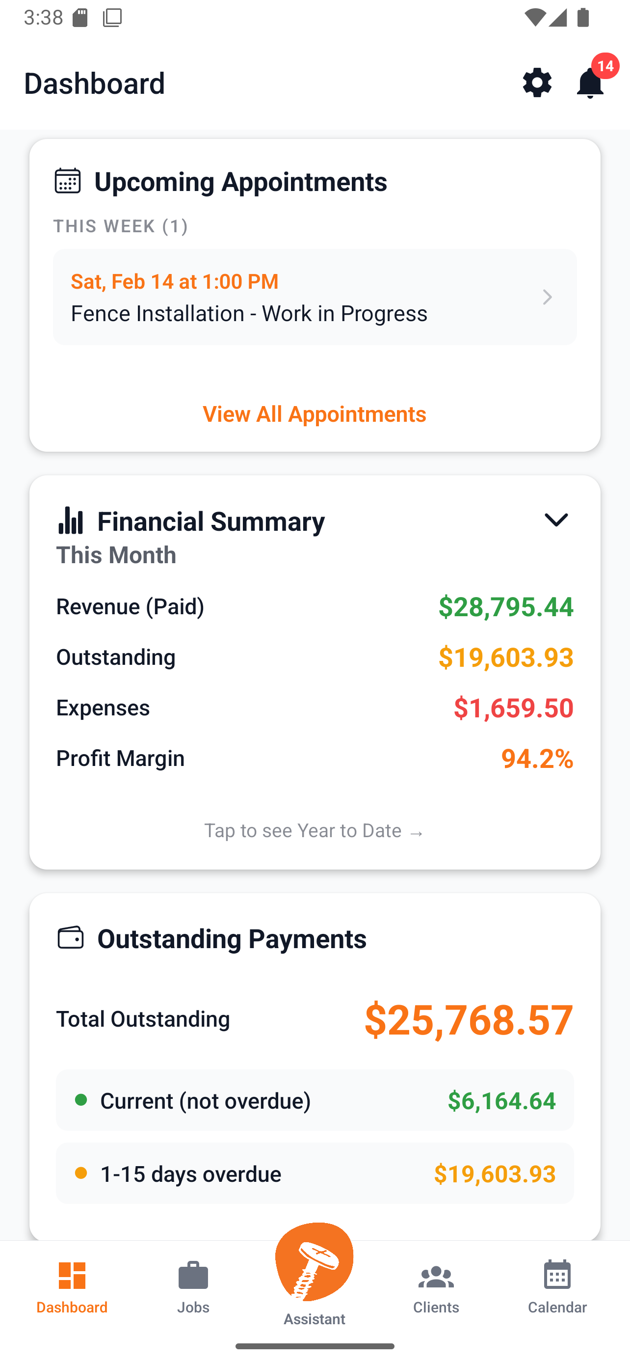 Tradenza Dashboard - Financial summary, appointments, and outstanding payments at a glance