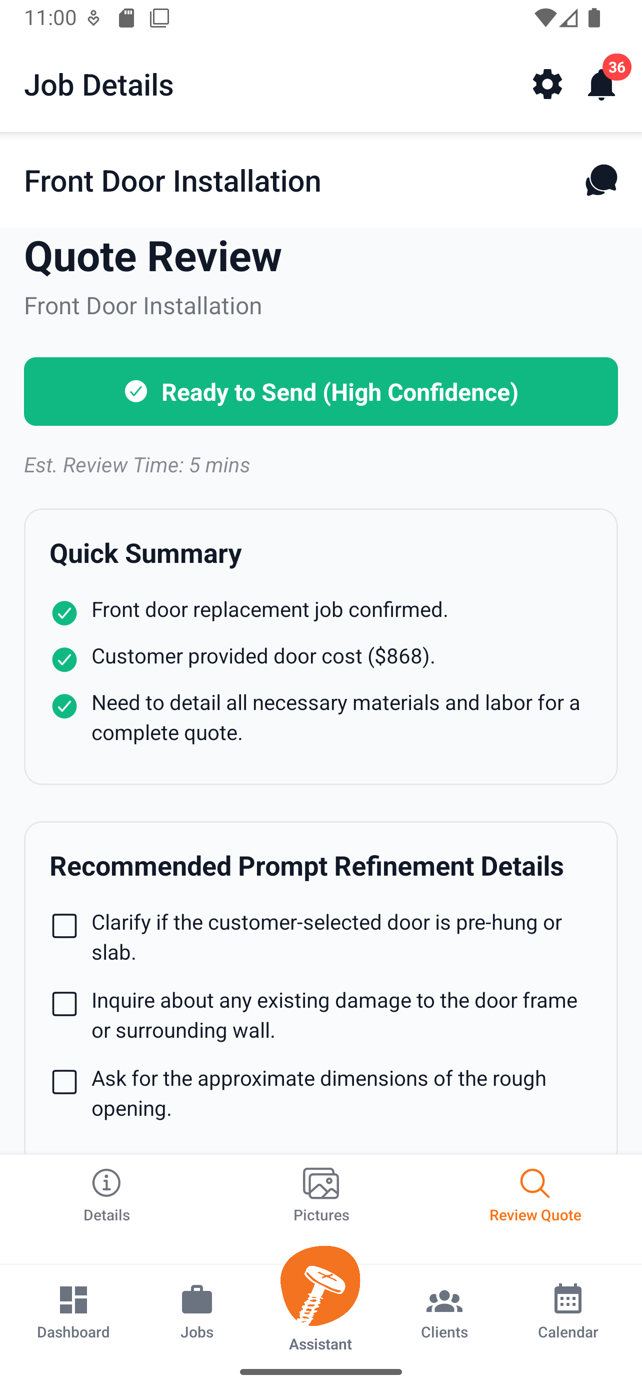 Tradenza Quote Review - AI-generated quote with confidence score